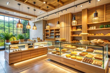 Modern bakery store interior with sleek design, wooden accents, and colorful decorations, ready to open in a bustling shopping mall in Samarinda, Indonesia.