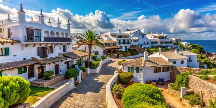 Serene whitewashed houses and narrow streets of ancient Binibeca Vell town on Menorca Island, Spain, surrounded by lush greenery and blue Mediterranean Sea views.