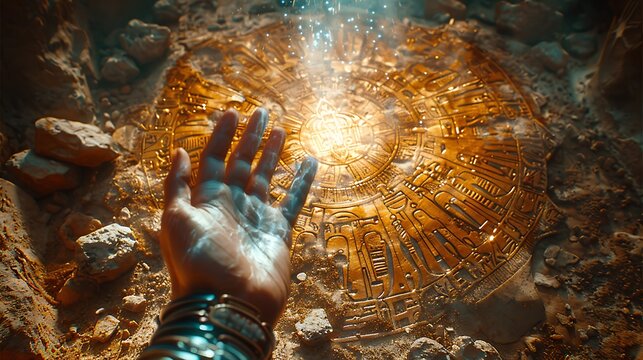 Giant hand lifting a veil woven with intricate symbols from the Book of Thoth Beneath the veil lies a scene filled with light symbolizing the unveiling of a hidden mystery