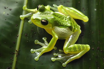 Glass Frog Centrolenidae perched on a leaf in the Amazon known locally as Rdevidro