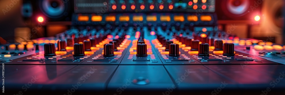 Poster close-up of a sound mixer control panel in a recording studio