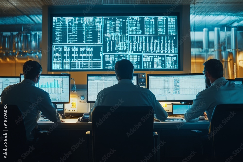 Poster three men working in a control room with multiple screens