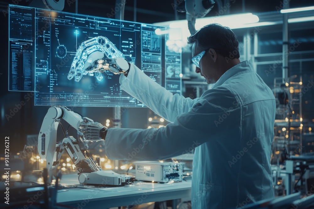 Aufkleber scientist interacting with robotic arm in a high-tech laboratory