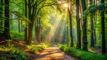 Obraz premium Serenene forest landscape with a meandering dirt path surrounded by towering trees, lush green foliage, and dappled sunlight, evoking a sense of tranquility.