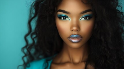 Naklejka premium Closeup portrait of a young woman with blue eyeshadow and lipstick, looking directly at the camera against a turquoise background.