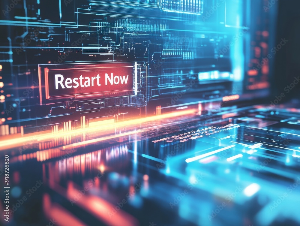 Poster restart now button on a futuristic tech interface
