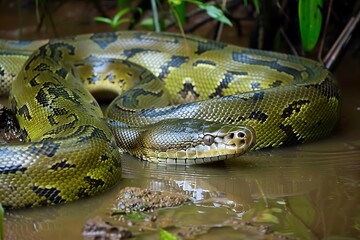 Obraz premium Green Anaconda slithering through the water in the Amazon River its massive body and powerful muscles a symbol of the sheer strength and adaptability of this apex predator