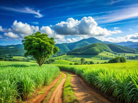 Vibrant green sugarcane fields stretch towards the horizon under a bright blue sky, with gentle rolling hills and occasional tree clusters in rural Malaysia.