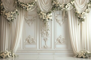 Elegant Wedding Decor with White Floral Arrangements and Draped Curtains