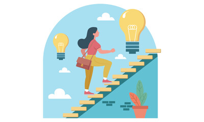 Illustration Man or Woman, Walk on Stairs, Getting New Idea