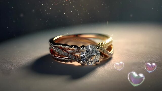 Women's ring made of gold and silver with sparkling diamond decoration. Seamless 4K looping timelapse video animation generated AI