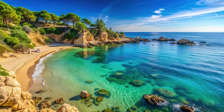 Sunny beach with clear blue waters and rocky cliffs in Platja de Tamarit, Altafulla, Tarragona, beach