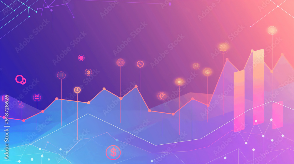 Poster upward-trending financial graph with smooth curves and data points, set against a gradient backdrop 