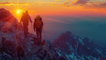 Obraz premium Hikers on a Mountain Ridge at Sunset