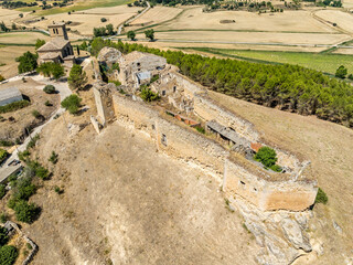 Aerial view of Huerta de la Obispalia in La Mancha Spain, hilltop medieval fortification with...