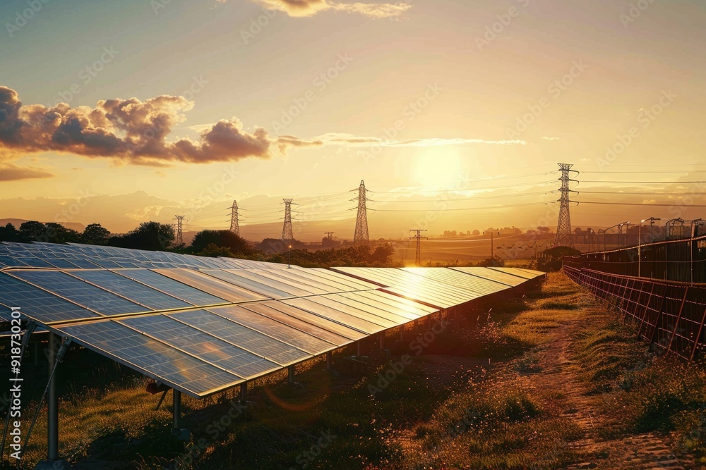 Poster image of a sunset with a solar panel in the background, suitable for use in environmental or technol