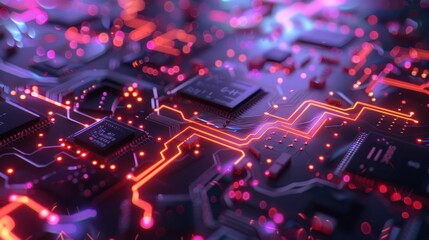 Obraz premium Close-up of a Circuit Board with Glowing Lines