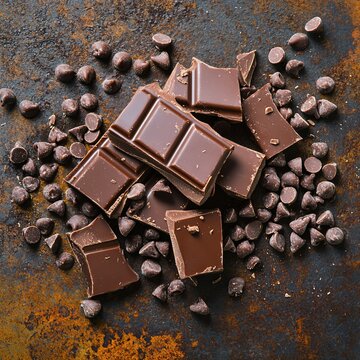 Top view of pieces of chocolate bar with chocolo