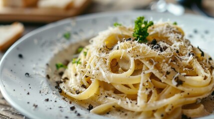 Close-Up of Creamy Fettuccine Pasta with Parmesan Cheese and Black Pepper
