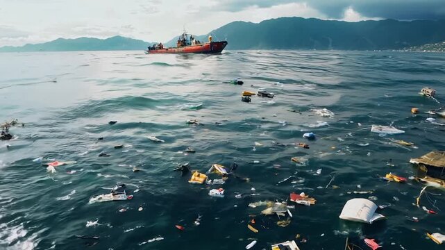 Plastic trash floating on ocean