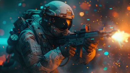 Fototapeta premium futuristic soldier in full combat gear, firing a powerful weapon amidst a flurry of sparks and light effects.