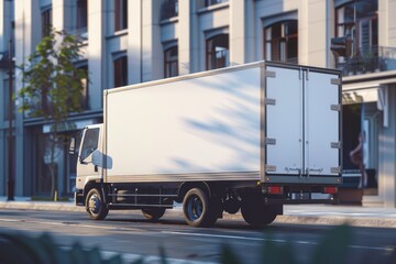 A white truck drives down a city street lined with tall buildings