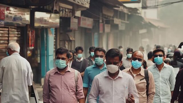 Crowd of people walking street wearing masks