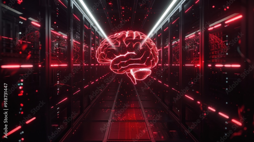 Poster a red digital brain floating above server racks
