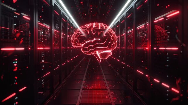 A Red Digital Brain Floating Above Server Racks