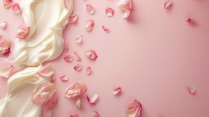 Fototapeta premium White Cream Swirls and Pink Rose Petals on Pink Background