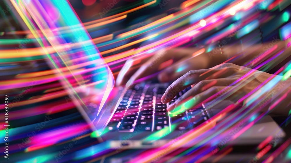 Poster digital abstract with hands typing on a laptop keyboard