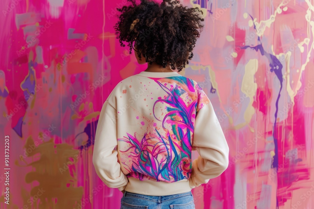 Poster a woman standing in front of a vibrant and colorful wall with various patterns and textures
