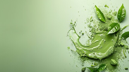 Green Tea Powder Splash with Leaves