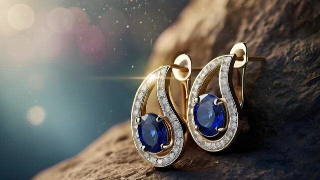 A pair of earrings made of silver gold with shiny blue sapphire diamonds. Background of rocks with bokeh effect. Seamless 4K looping timelapse video animation generated AI