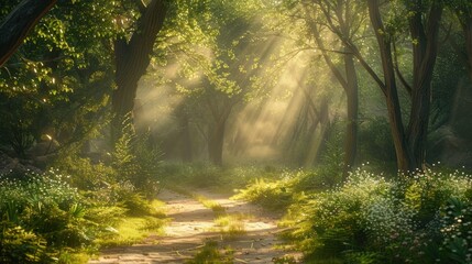 Sunbeams Illuminating a Forest Path