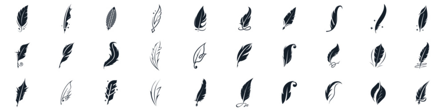 icon set vector feather ink inspiration. feather pen ink signature symbol. set of abstract signature feather pen logo design template on white background.