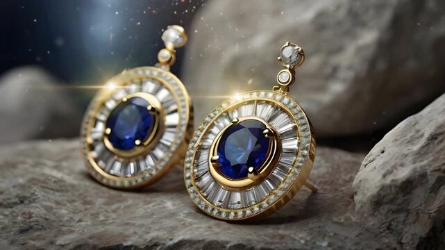 A pair of earrings made of silver gold with shiny blue sapphire diamonds. Background of rocks with bokeh effect. Seamless 4K looping timelapse video animation generated AI