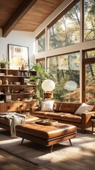 Comfortable and casual living room interior design with a large sectional, natural wood accents, 
