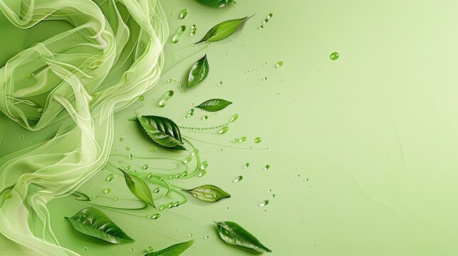 Green Leaves, Water Droplets, and a Sheer Fabric Swirl on a Pale Green Background