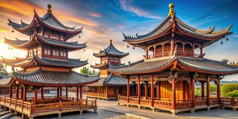 Obraz premium Traditional Chinese architecture featuring intricate wooden lattice designs, curved roofs, and pagoda structures