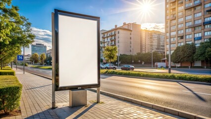 Mockup of a poster in an urban area on a sunny day, displayed on a roadside billboard , city, outdoor advertising, advertisement