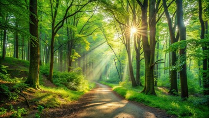 Obraz premium A tranquil forest trail with sunlight filtering through green trees, ideal for a peaceful walk and reflection, serene, forest
