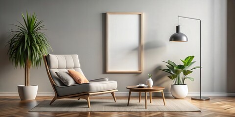 Contemporary living room featuring a sleek lounge chair in a large-format poster mockup, modern