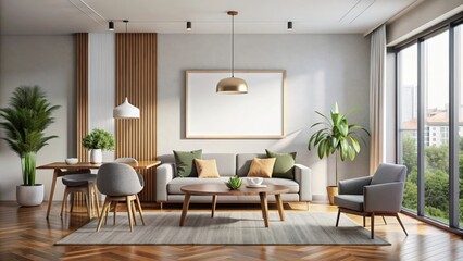 Modern home living room interior with rest and dining zone, mockup frame, modern, home, living room