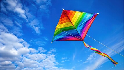 A colorful flying kite against a blue sky , fun, outdoor recreation, childhood, wind, flying, sky, leisure, activity, summer