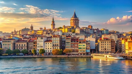 Fototapeta premium Morning view of iconic Galata Tower, Galata Bridge, Karakoy district, and Golden Horn in Istanbul, Turkey