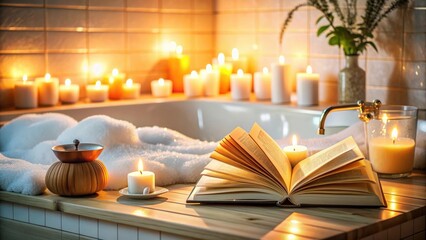 A relaxing bath time scene with candles, bubbles, and a book, relaxing, bath, time, candles, bubbles, book, relaxation