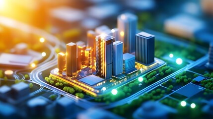 Obraz premium Futuristic Cityscape with Innovative Real Estate Projects Integrated into Urban Plan, Civil Planning and Development Concept with Copy Space