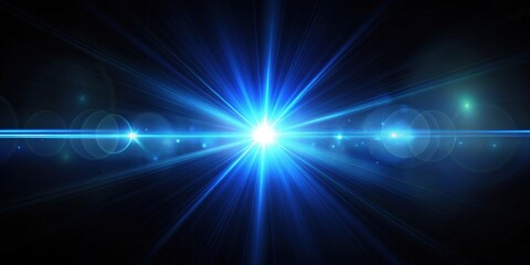 Blue lens flare with bokeh and anamorphic light streak on black background in cinematic format, blue