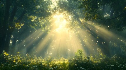 The sun rises over a dense forest, with beams of light filtering through the trees 